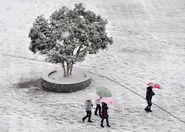 Residents walk in snow in Dexing city, Jiangxi province on Jan 4. Debate about public heating in South China