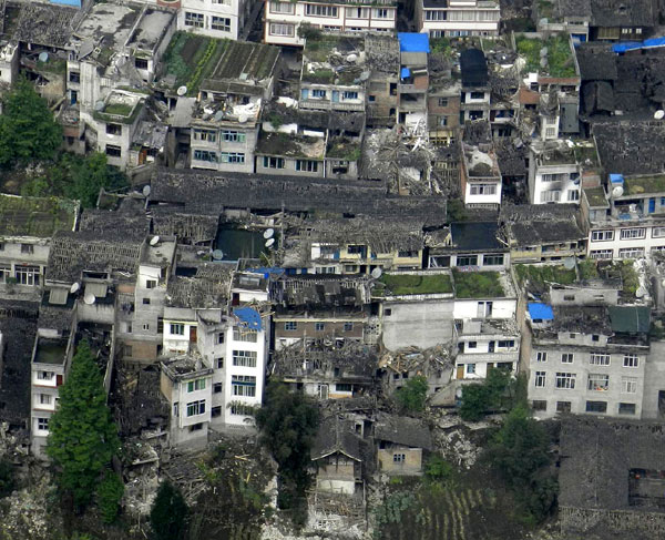 An aerial view of a quake-stricken township in Lushan county, Sichuan province, after the quake, April 20, 2013. Aerial view of quake-striken Ya'an