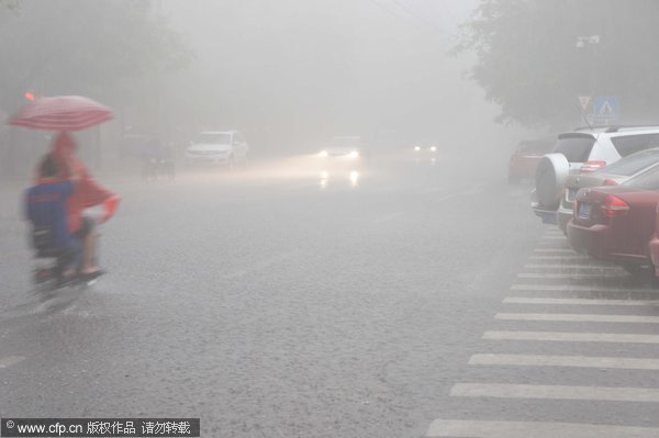 Thunder storm hits Beijing, darkening the sky