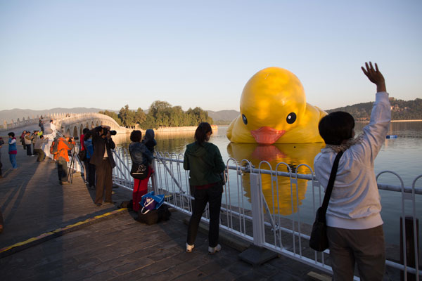 Rubber duck adjusting to spot at Summer Palace