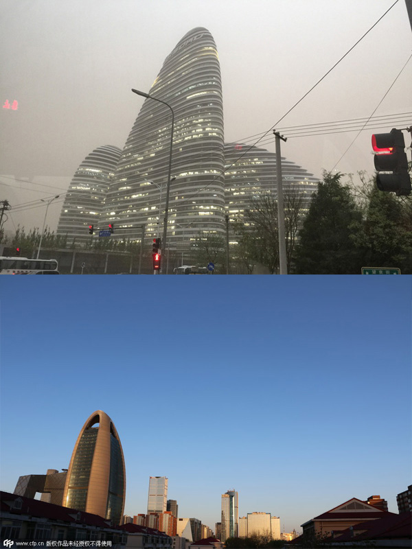 Contrast of pictures taken in and after sandstorm in Beijing