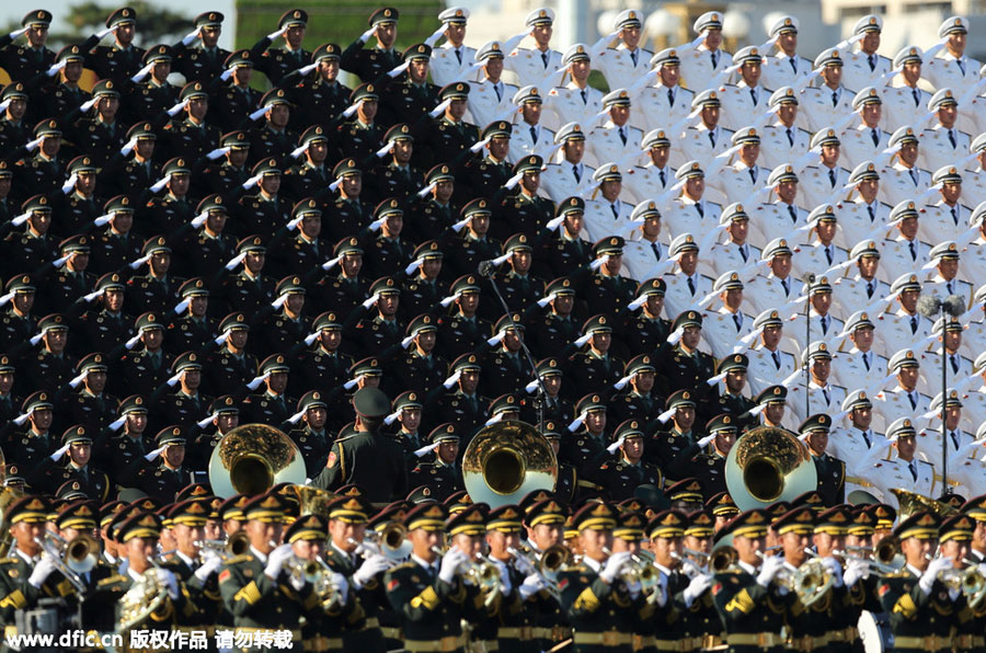 Military band performance, gun salute and flag raising