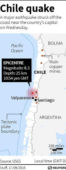 At least three killed as powerful quake hits off coast of Chile