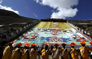 A glimpse of Thangka paintings on display in Lhasa