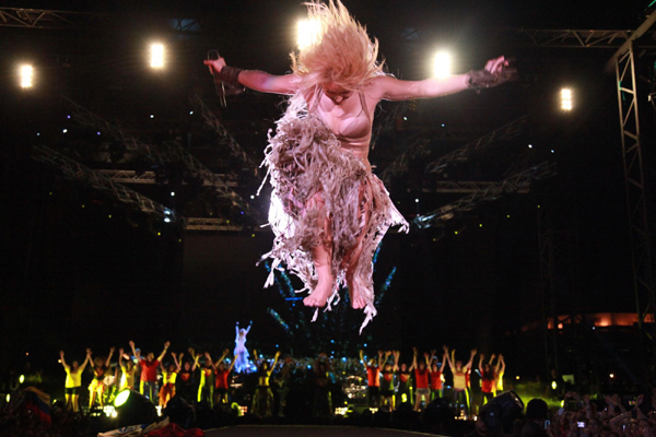 Colombian pop star Shakira performs during her concert in Barcelona