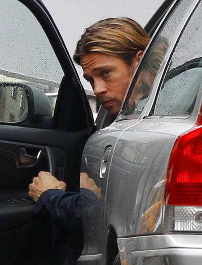 Pitt appears during the filming of 'World War Z' in Glasgow