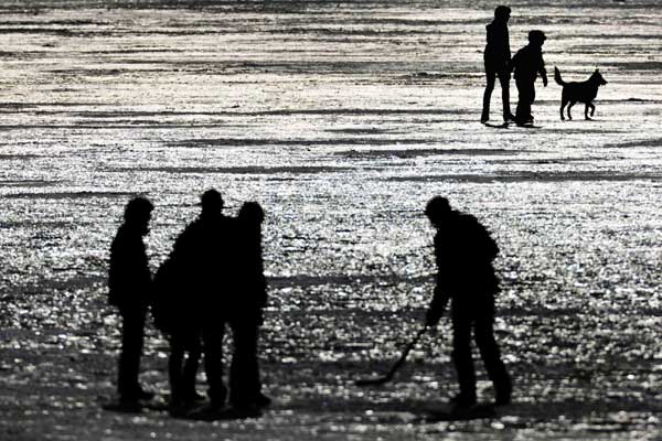 Paradise for skaters on frozen lake