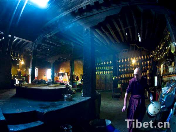 Glimpse of the kitchen in a Tibetan monastery