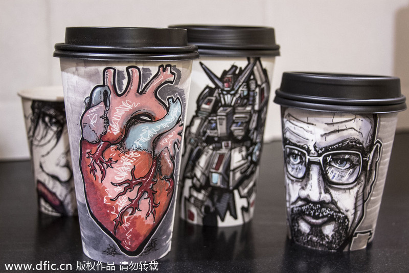 Graphic designer turns coffee cups into canvas