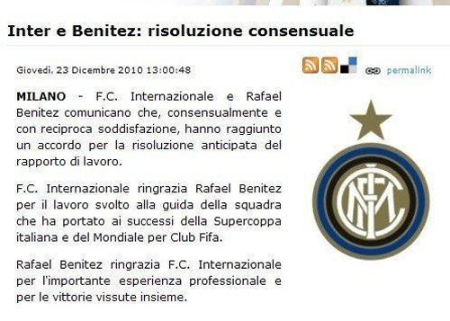 Inter Milan fires coach Benitez after 6 months