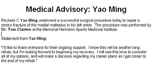 Career fears for Yao after ankle surgery