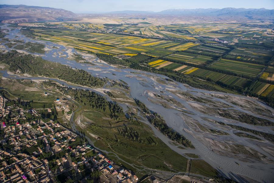 Aerial view of bagua-shaped Tekes county, China's Xinjiang
