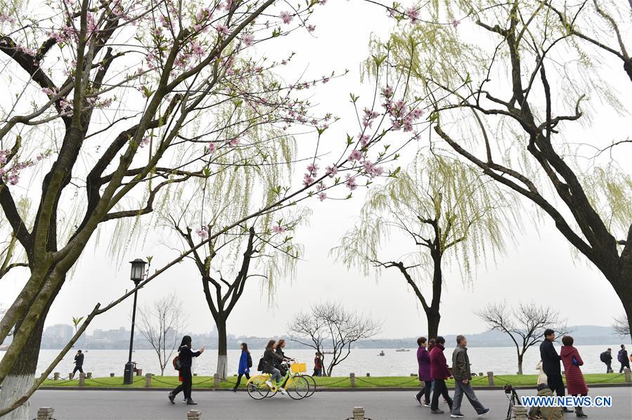 Tourists visit Bai Causeway in West Lake scenic area