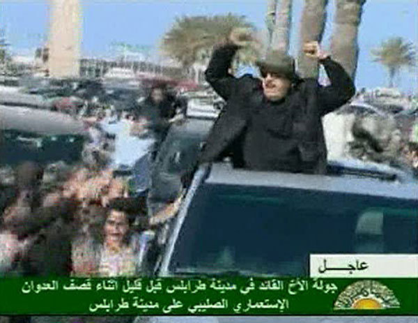 Gadhafi tours Tripoli in open car
