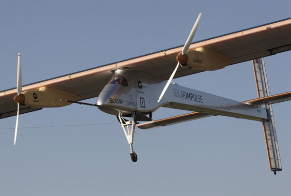 Solar-powered airplane test flight