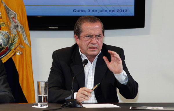 Ecuador's Foreign Minister Ricardo Patino gestures during a news conference on the hidden spy microphone uncovered at the office of Ana Alban, the Ecuadorean ambassador to the United Kingdom, in Quito, July 3, 2013. Ecuador finds spy mic for Assange meeting
