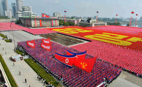 A general view shows a parade marking the 1948 establishment of DPRK, in Pyongyang in this photo taken by Kyodo September 9, 2013. Parade marks the 1948 establishment of DPRK