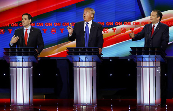 Fight night: Rubio, Cruz gang up on Trump in debate ploy