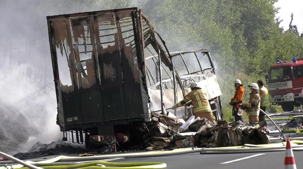 Many people confirmed dead in bus-truck collision in southern Germany
