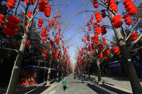 Trees decorated in red to greet Chinese New Year