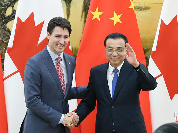 Free trade studies agreed on as Li meets with Canadian PM Trudeau