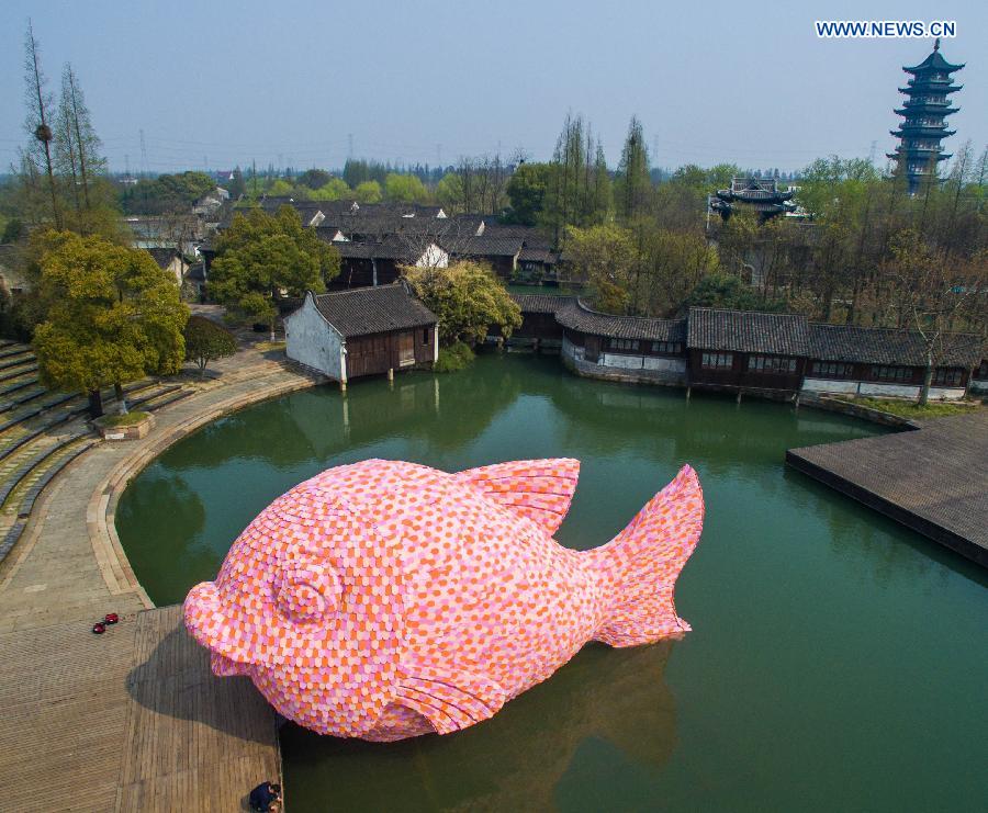 Giant pink 'Floating Fish' displayed in East China