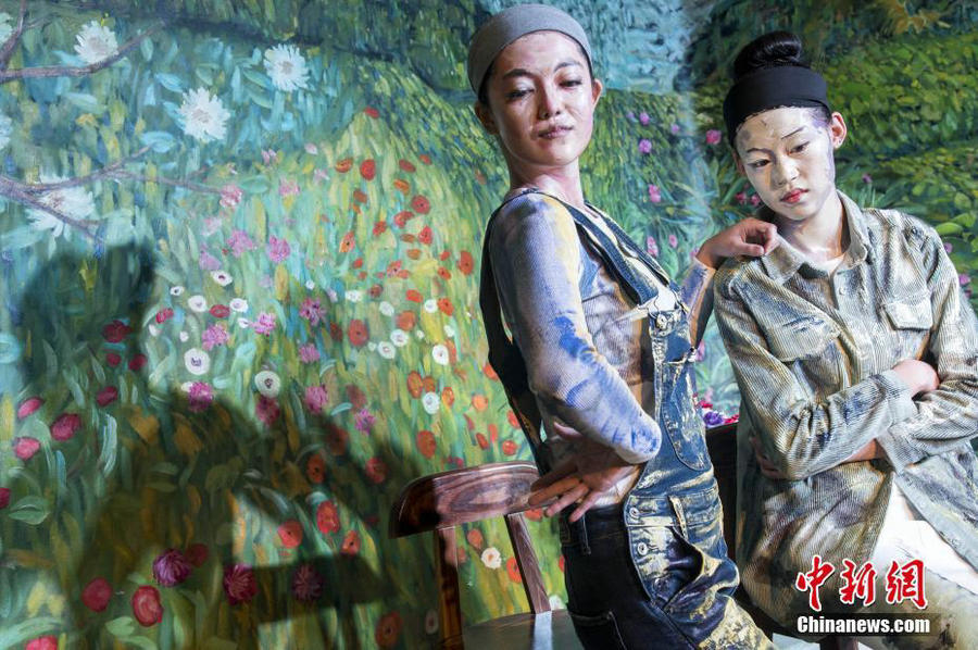 Models blend into oil paintings