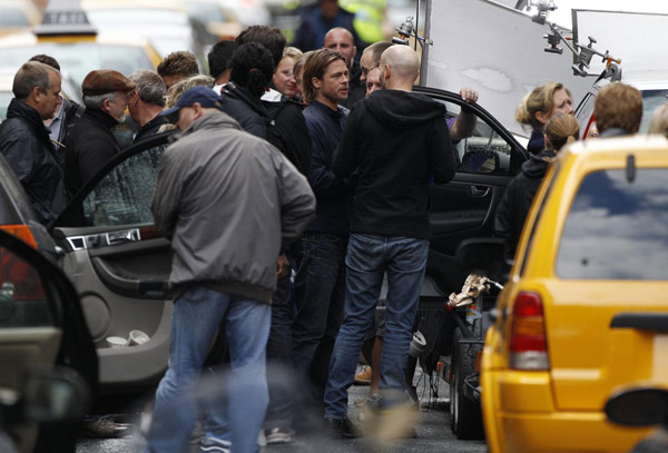Pitt appears during the filming of 'World War Z' in Glasgow