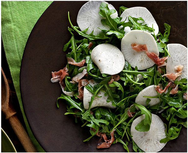 Shaved turnip salad with arugula and prosciutto