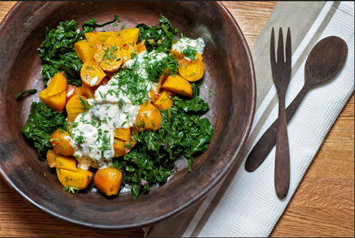 Golden beet and beet-greens salad with yogurt, mint and dill