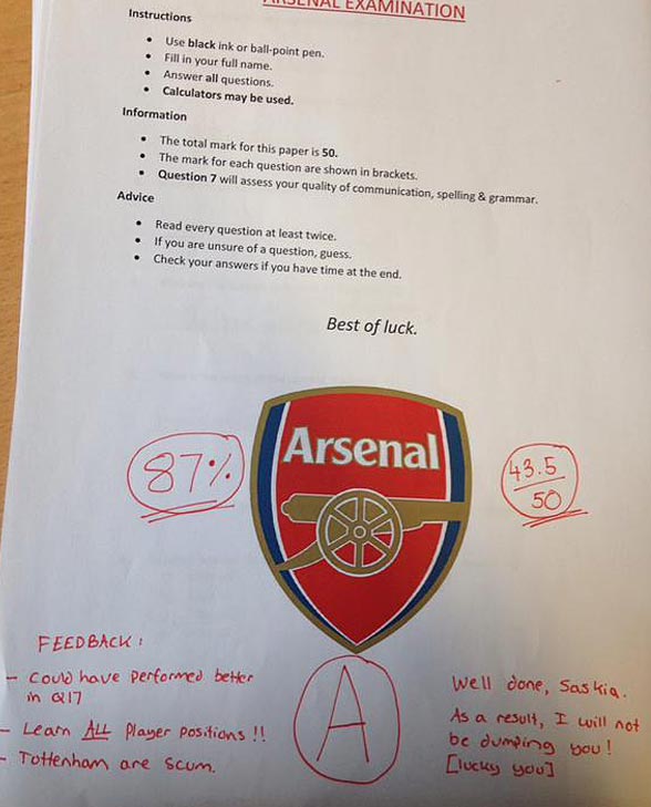 Unusual but true: 'Arsenal exam' tests true love